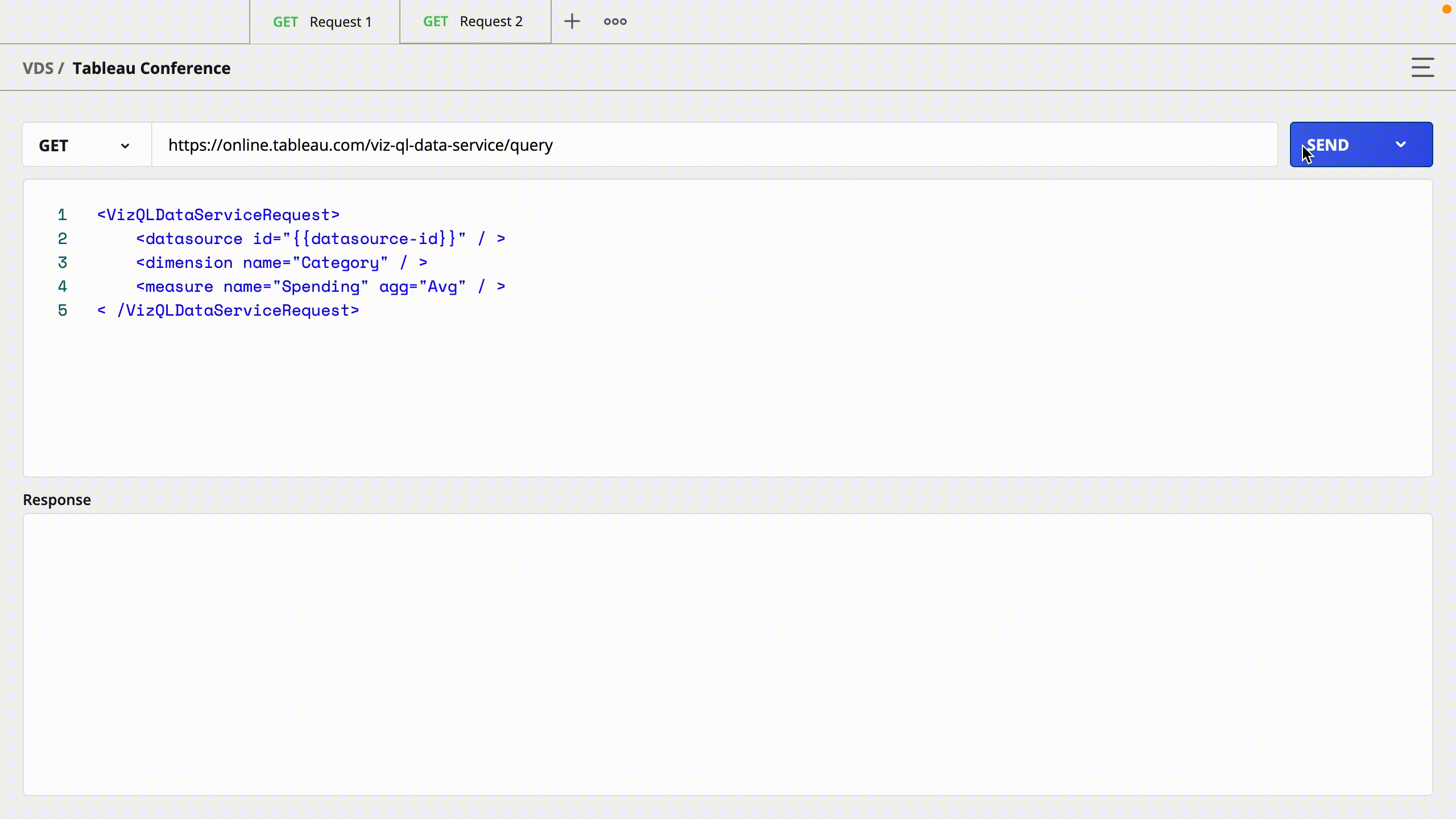 Animated gif of a white screen with two windows showing a data service query in blue in one window and a data model response in green